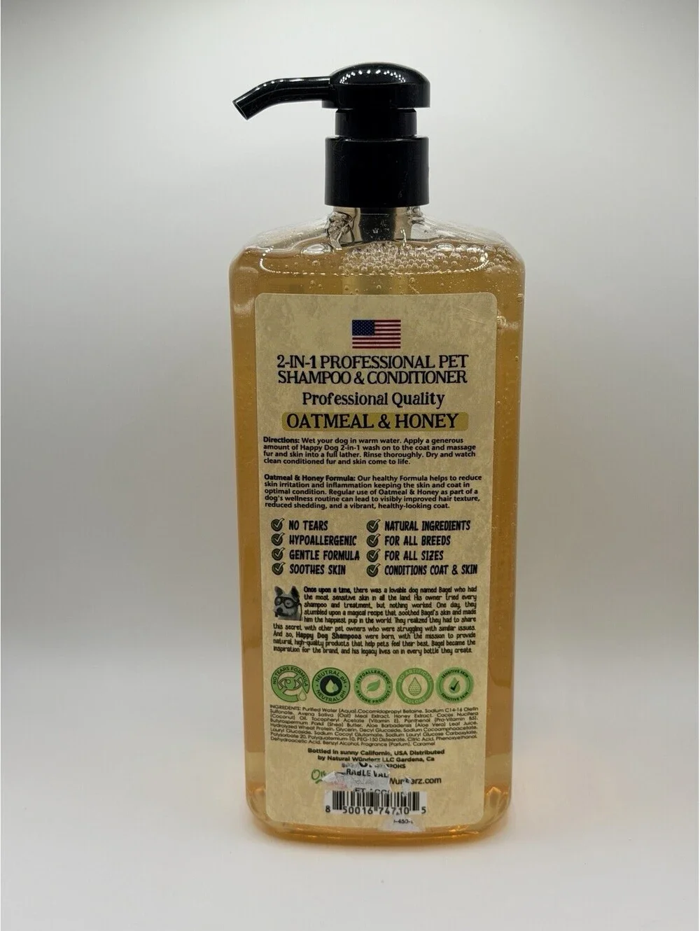 Happy Dog Naturalz 2-in-1 Pet Shampoo & Conditioner Oatmeal And Honey 32 Fl Oz